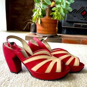Fluevog Retro Platform Slingback Heels -- Red and Cream -- size 9